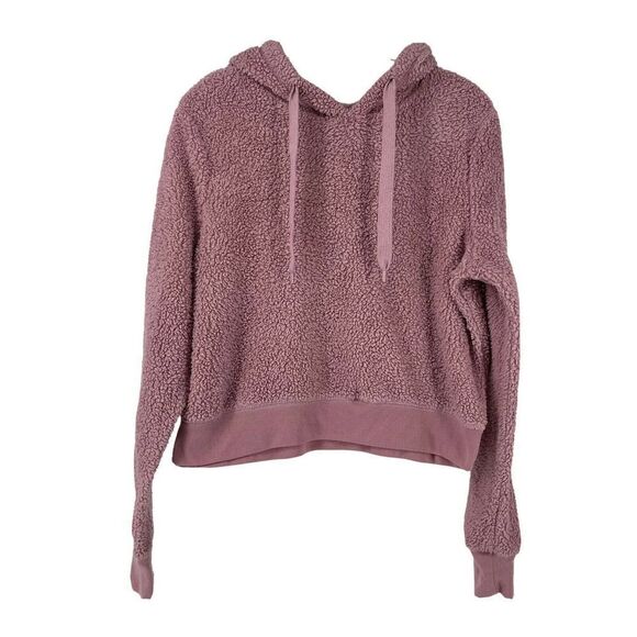 Teddy Bear Sherpa Hoodie Cropped Pink Pullover Size M Cozy Lounge Fifth Sun Top - Picture 1 of 6
